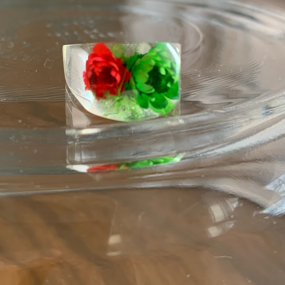 Floral Resin Ring with Red and Green Accents